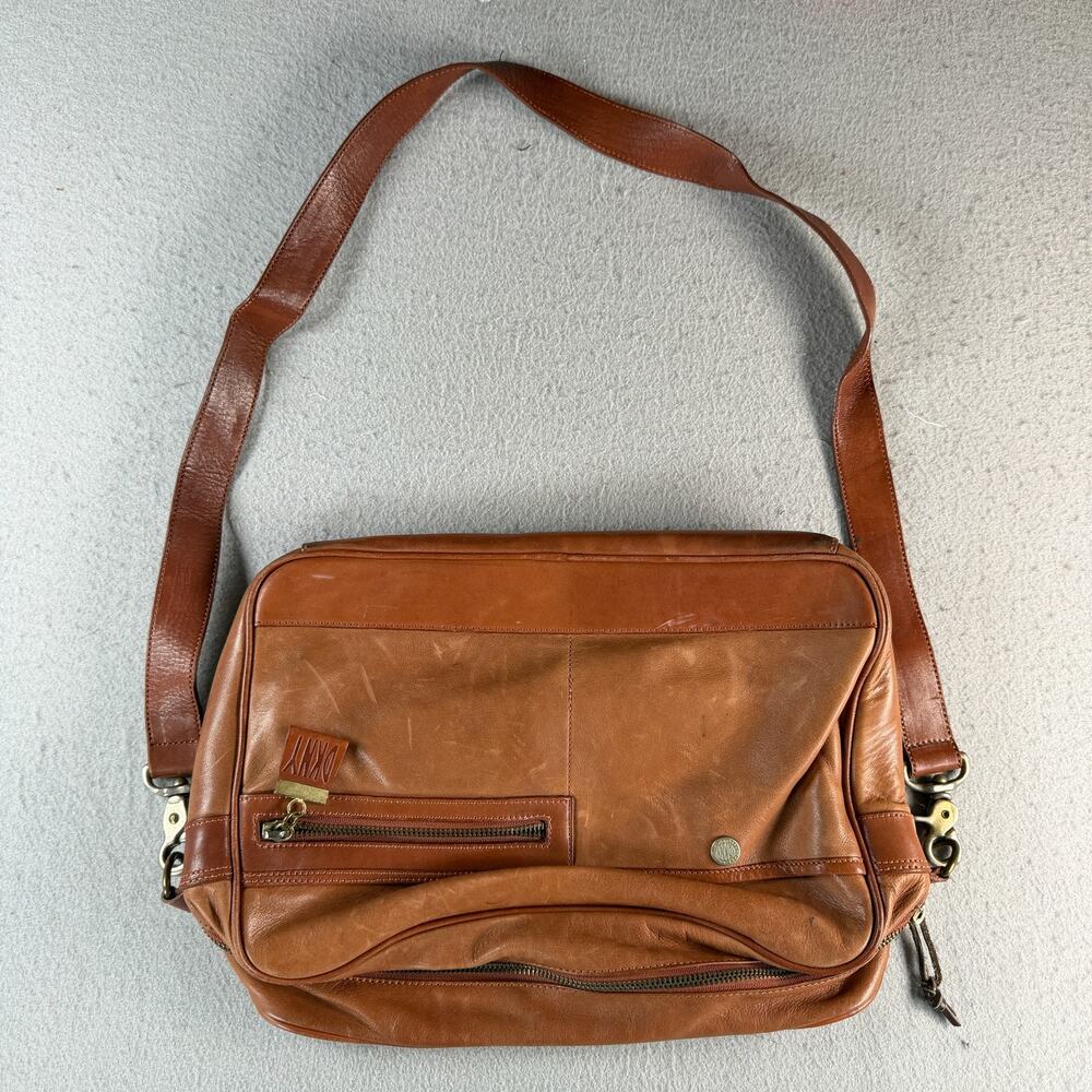 DKNY Brown Leather Messenger Shoulder Bag Made in Korea Large Crossbody